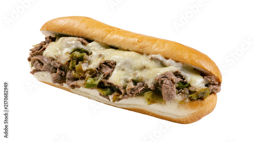 Hot Philly cheesesteak sandwich with melted cheese and beef on a fresh hoagie roll