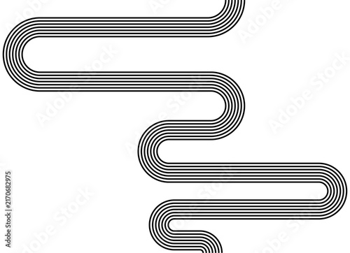 Vector pattern of black parallel lines on a white background. Sports design element in retro style. Tape with turns. Abstract Road. Place for text. Vector background for covers, advertising, packaging