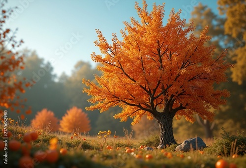 Vibrant Rowan Tree Clusters of Orange Berries in Autumn Foliage against Clear Sky
