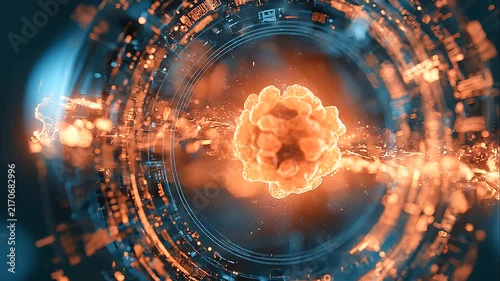 Medical visualization of an advanced radiation therapy planning system showing volumetric modulated arc therapy, beam shaping, and tumor eradication protocols