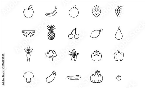 Set outline icons related to fruits, vegetables and berries. Linear icon collection. Editable stroke. Vector illustration