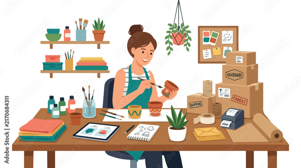 Fototapeta premium A woman sits at a wooden desk painting terracotta pots in a cozy, creative home studio surrounded by craft supplies.