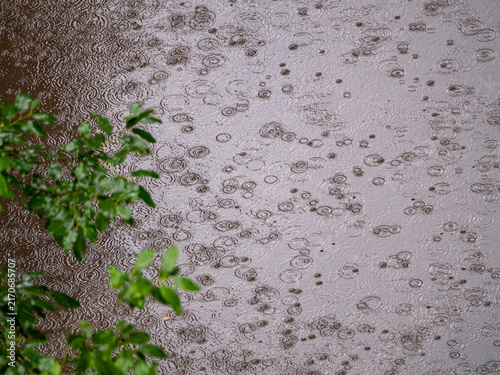 Bild auf Leinwand A background showing a water surface with raindrops falling onto it