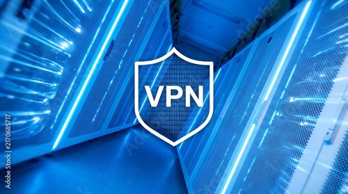 Obraz na płótnie VPN Shield Icon with Binary Code Overlay on Blue Server Room Data Center Background Concept