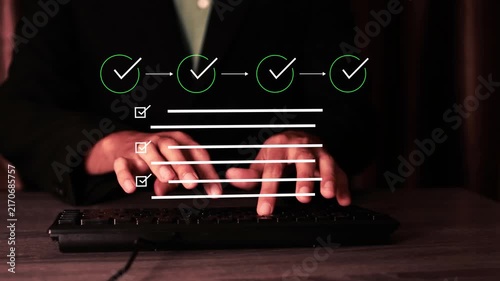 Project coordinator tracking four-step workflow progress on digital virtual checklist interface, concept of milestone evaluation, quality control approval, project management, and strategic planning.