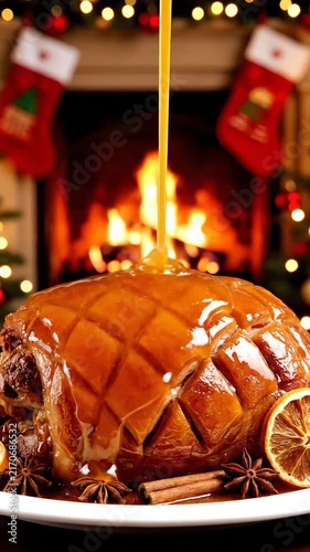 Glazed Christmas Holiday Ham with Sweet Pouring Sauce Beside a Warm Cozy Fireplace