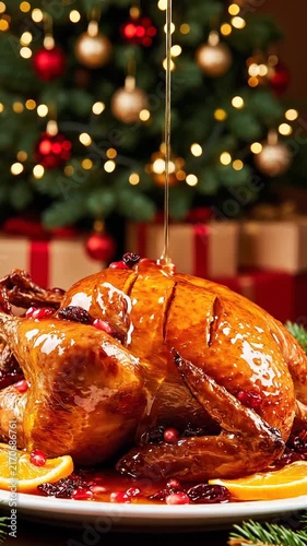 Glazed Roasted Poultry with Pomegranate and Citrus for a Festive Christmas Holiday Dinner Celebration