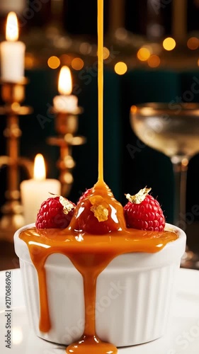 Decadent Caramel Drizzle Over Fresh Raspberries in a White Ramekin for an Elegant Dessert Presentation