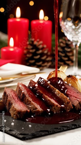 Gourmet Sliced Beef Tenderloin Served With Rich Red Wine Reduction Sauce for a Festive Holiday Dinner Celebration