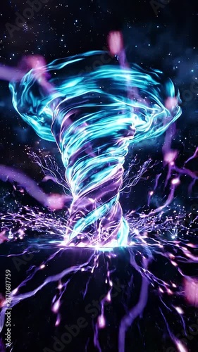 Colorful swirling tornado with electric sparks and cosmic background, showcasing dynamic motion and energy flow in a vibrant visual display of natural phenomena