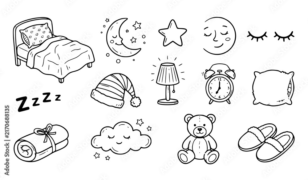 Obraz premium Hand Drawn Sleep Doodle Icons Set with Bed Moon Stars Pillow and Nighttime Symbols Vector Illustration