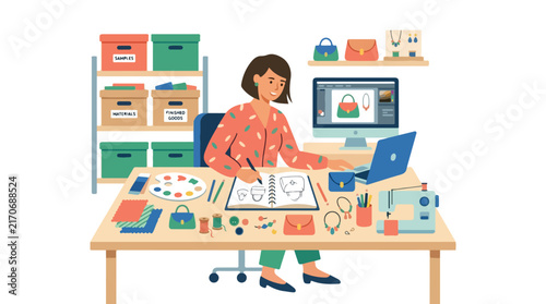 A female designer works at her creative studio desk, sketching handbags while surrounded by design tools and computer screens.