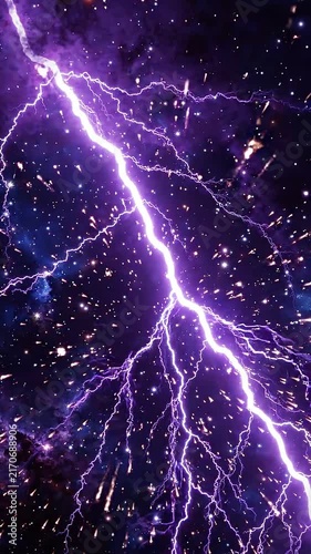 Bright purple lightning bolt strikes through a starry night sky, illuminating cosmic dust and creating a stunning visual spectacle of energy and light