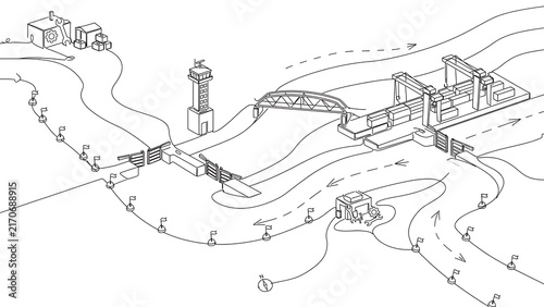 Architectural sketch of city and river on white background.
