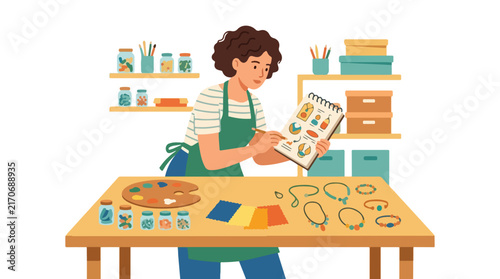 A woman in a green apron works on jewelry design sketches surrounded by colorful beads and craft supplies at her workbench.