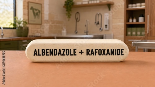 A large beige veterinary bolus pill sits on a flat terracotta surface in a clinic with rests smooth terracotta clinic pharmacy setting single large oblong