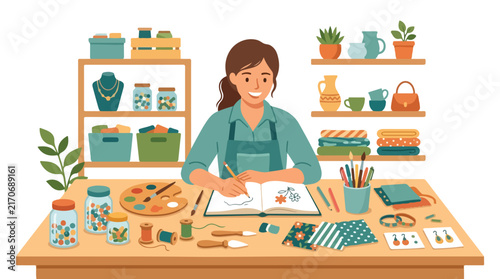 A smiling woman wearing an apron sits at a busy desk filled with craft supplies while drawing in a sketchbook.