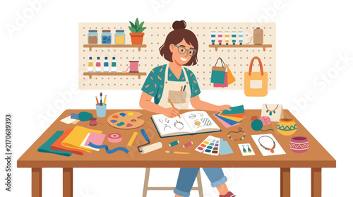 A creative woman with glasses sits at her colorful craft table sketching jewelry designs in a workshop filled with art supplies.