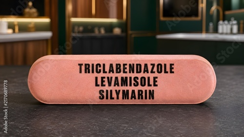 A single elongated coral veterinary bolus pill  resting on a dark textured kitchen surface with kitchen countertop text coral colored pharmaceutical veterinarian