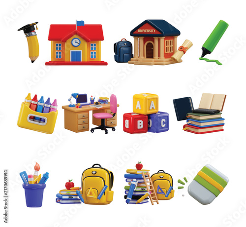 3D Education Icon Collection with School and University Building, Pen, Pencil, Study Desk, Online Learning, Eraser, Backpack and Stationery