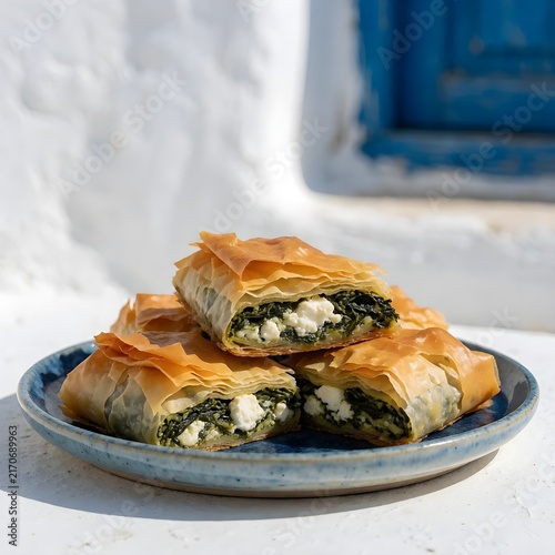 Traditional Greek Spanakopita with Spinach and Feta in Summer Setting
