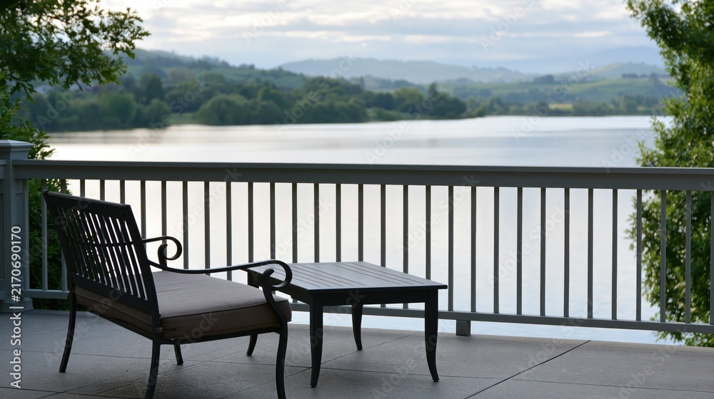 Fototapeta premium Empty deck furniture sits on a balcony overlooking a scenic lake on a quiet summer afternoon
