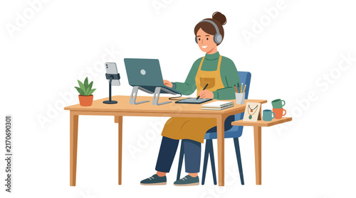 A female artist with headphones works at her desk using a laptop, drawing tablet, and phone to stream her craft.