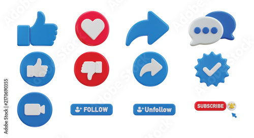 3D Social Media Reaction Icon Collection with Like, Dislike, Comment, Share, Verified User, Follow, Unfollow and Subscribe Buttons