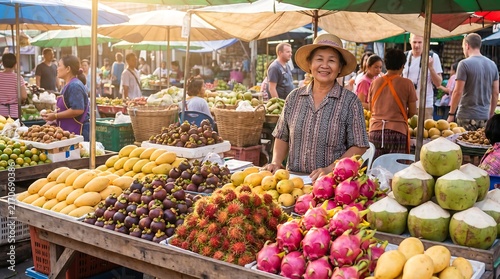 Smiling Thai Fruit Vendor at a Vibrant Outdoor Market