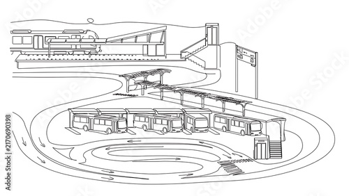 Architectural sketch of modern building white background.