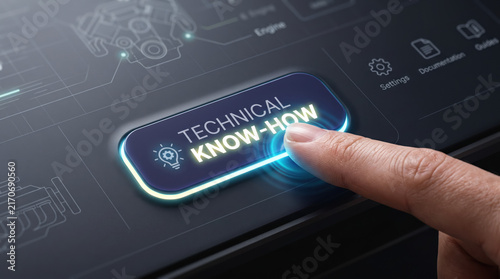 Technical Know-How finger pressing glowing digital button on touch screen interface. Expertise concept with futuristic HUD icons and engine schematics.