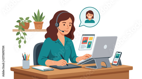 A woman wearing a headset works on a laptop and graphics tablet while attending a virtual meeting at her desk.