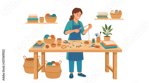 A smiling woman works on crafting handmade jewelry at a wooden table filled with art supplies in a studio.