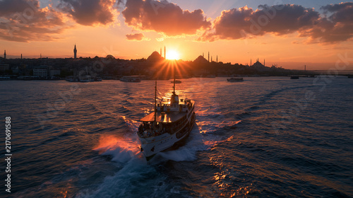 Ferry Sailing on Bosphorus at Sunset in Istanbul