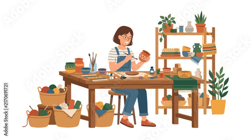 A woman sitting at a wooden table paints a ceramic pot in a cozy craft studio filled with art supplies and plants.