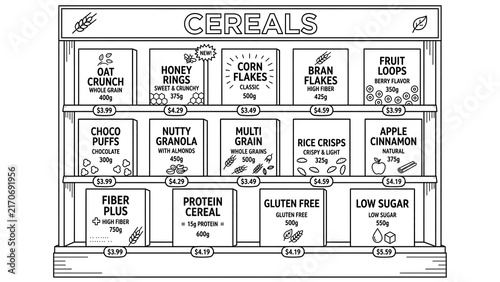 Assorted cereal boxes on store shelf white background.