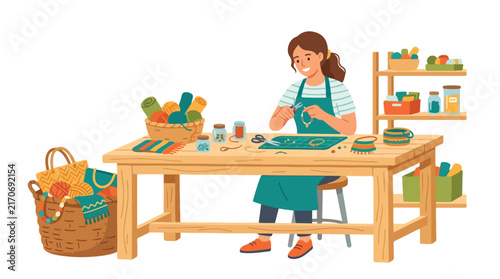 A smiling woman wearing a green apron sits at a wooden table, carefully crafting handmade jewelry with colorful beads and tools.
