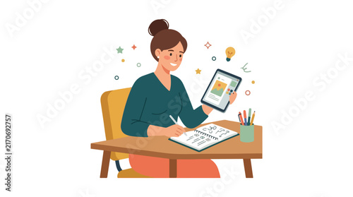 A creative woman sits at a wooden desk holding a tablet while sketching ideas in a notebook surrounded by inspirational icons.