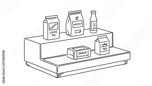 Assorted grocery products on shelf white background.