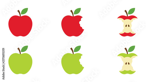 Vibrant red and green apple icons showing various stages of being bitten in flat style