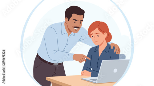 Aggressive male boss scolding a sad female employee sitting at a desk with her laptop computer