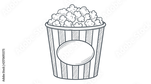 Detailed popcorn bucket line art illustration showing crunchy salty snacks inside a striped paper container