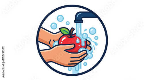 Human hands washing a fresh red apple under clear running tap water with soapy bubbles