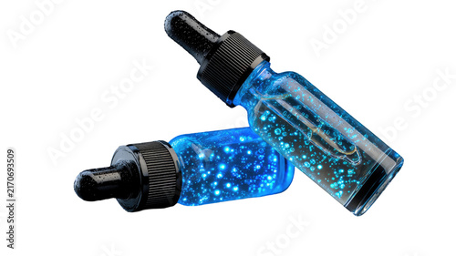 Cosmetic glass dropper bottle blue liquid hydrating serum anti aging glowing skincare treatment oil isolated on white background