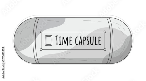 Metallic cylindrical time capsule featuring artistic hand drawn sketches on a clean white isolated digital background