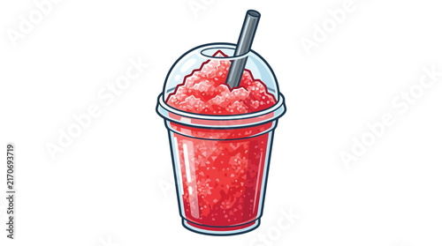 Refreshing red strawberry slushie served in clear plastic cup with black straw and dome lid