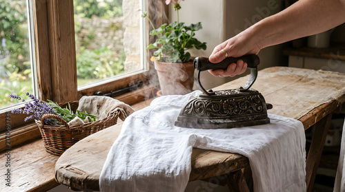 Hand using a vintage charcoal iron to press white linen on a rustic wooden board.