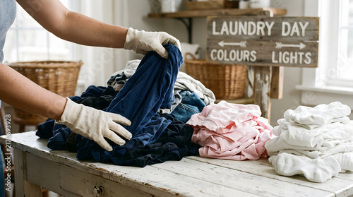 Person Wearing White Gloves Sorting Piles of Laundry on a Wooden Table.