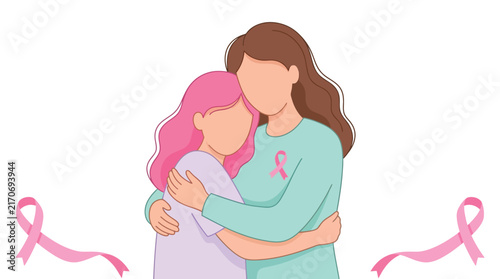 Caring woman embraces a girl as pink awareness ribbons symbolize solidarity against breast cancer fight