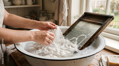 Hands washing white laundry in an enamel bowl with a vintage washboard.